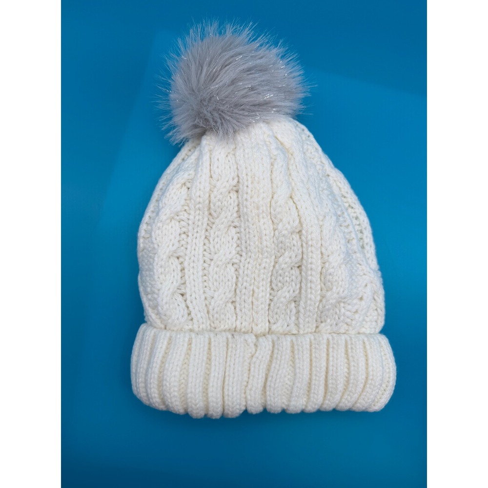 Lands End Beanie Women M-L Ivory Like New Cable Knit Fleece Lined Pom Pom
